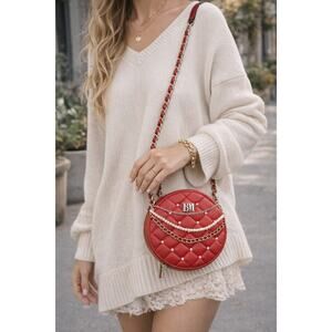 Badgley Mischka Red Quilted Round Crossbody Bag with Gold Chain